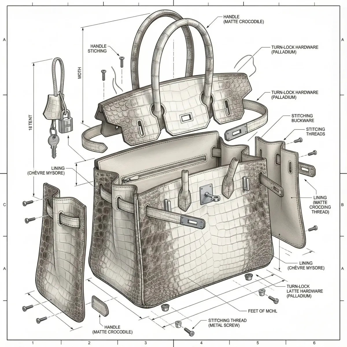Hermès Birkin bag exploded view showing construction details