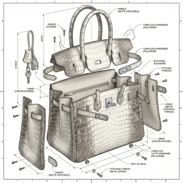 Hermès Birkin bag exploded view showing construction details